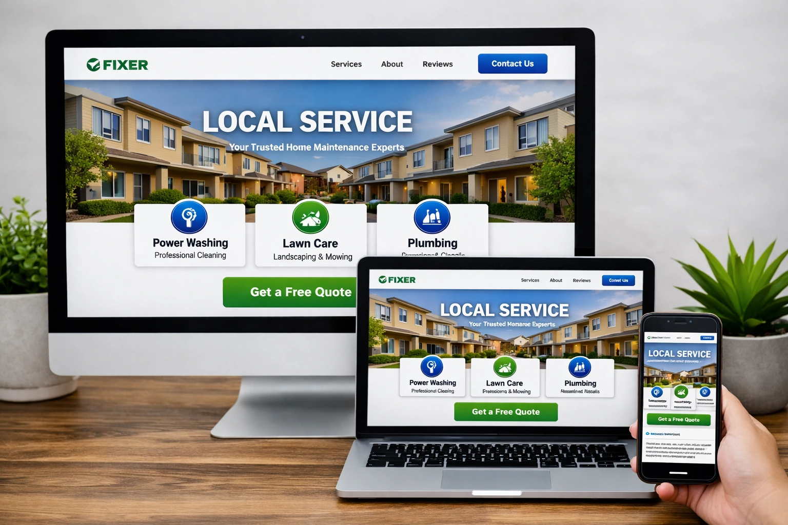 Professional website displayed on desktop, laptop, and phone for a local service business.