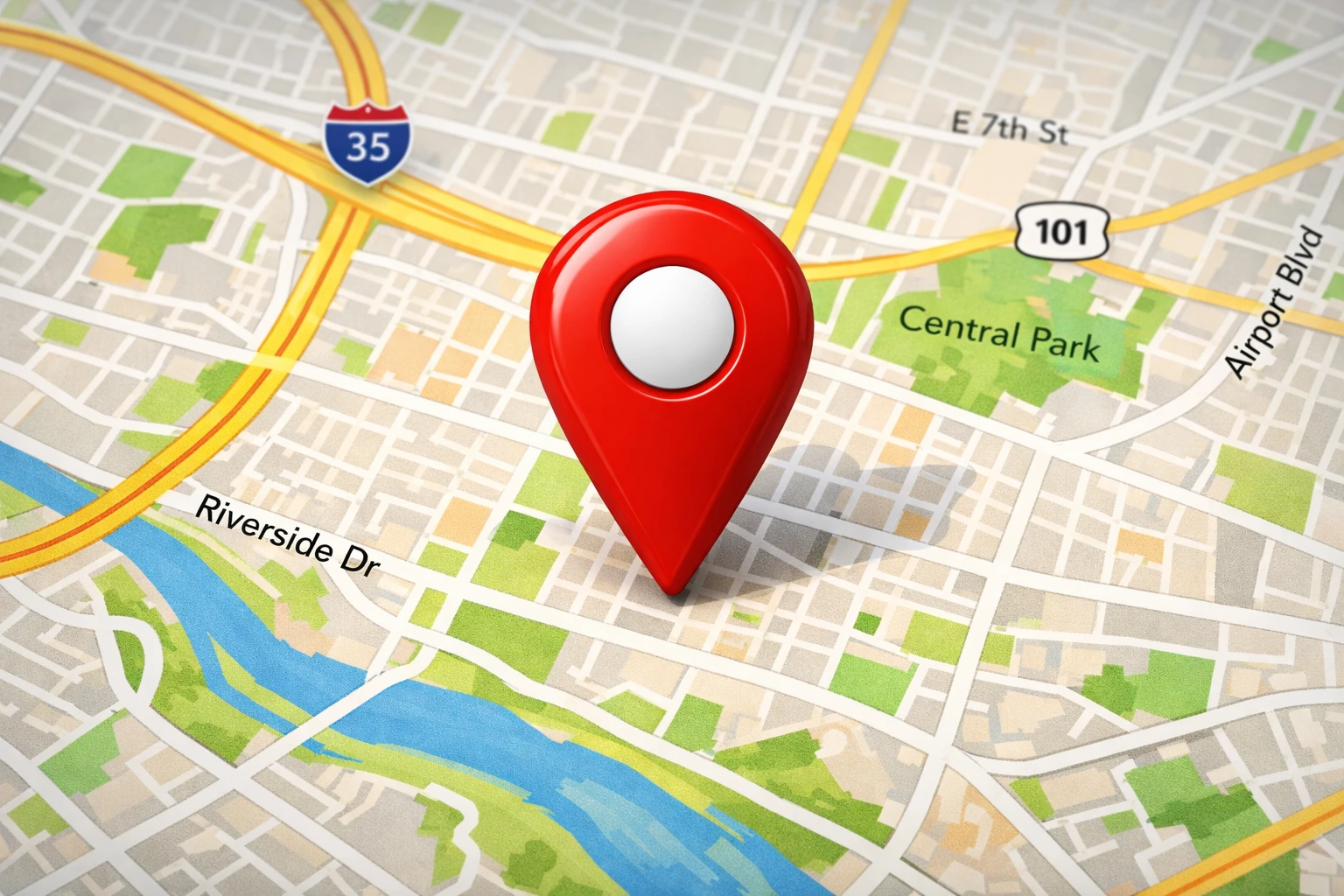 Map with a location pin representing local service area pages.