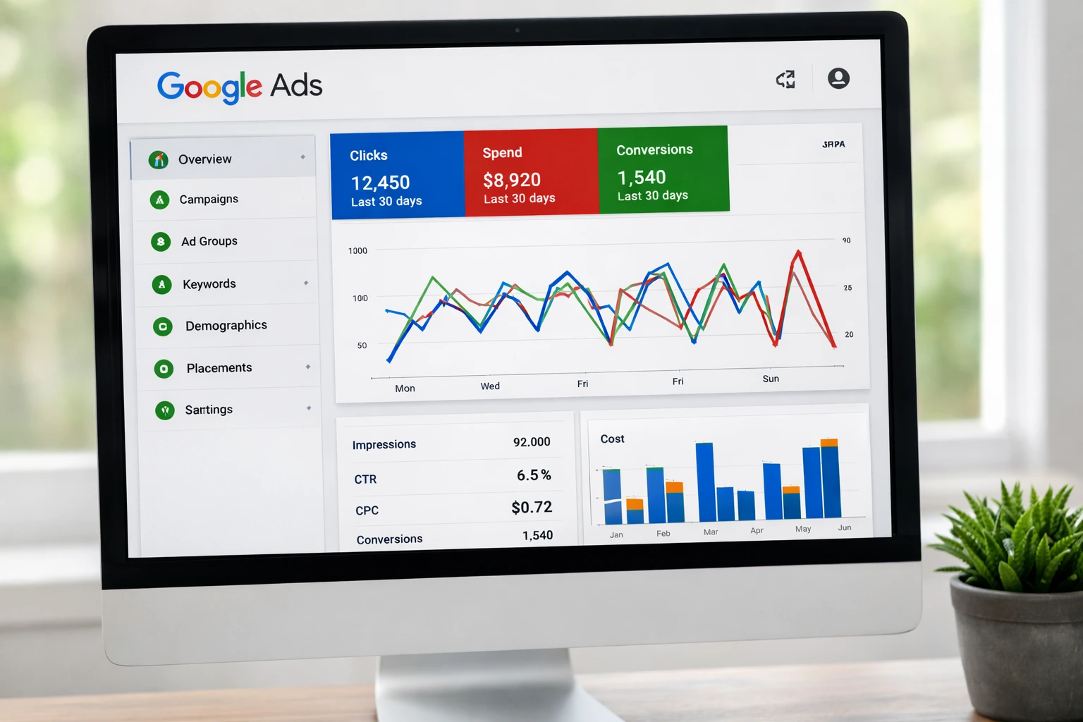 Google Ads dashboard showing campaign performance and local lead data.