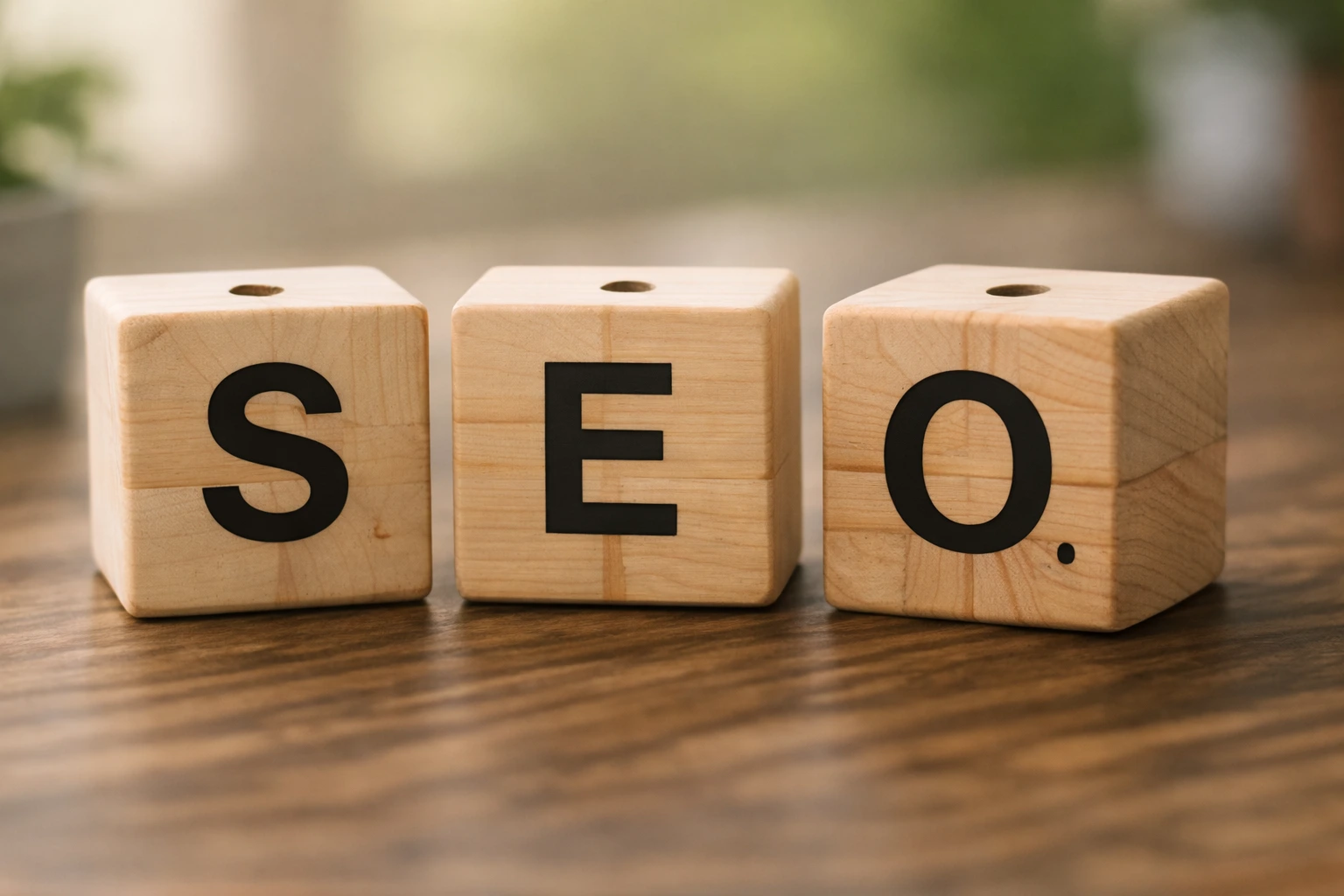 SEO blocks on a desk representing search engine optimization.