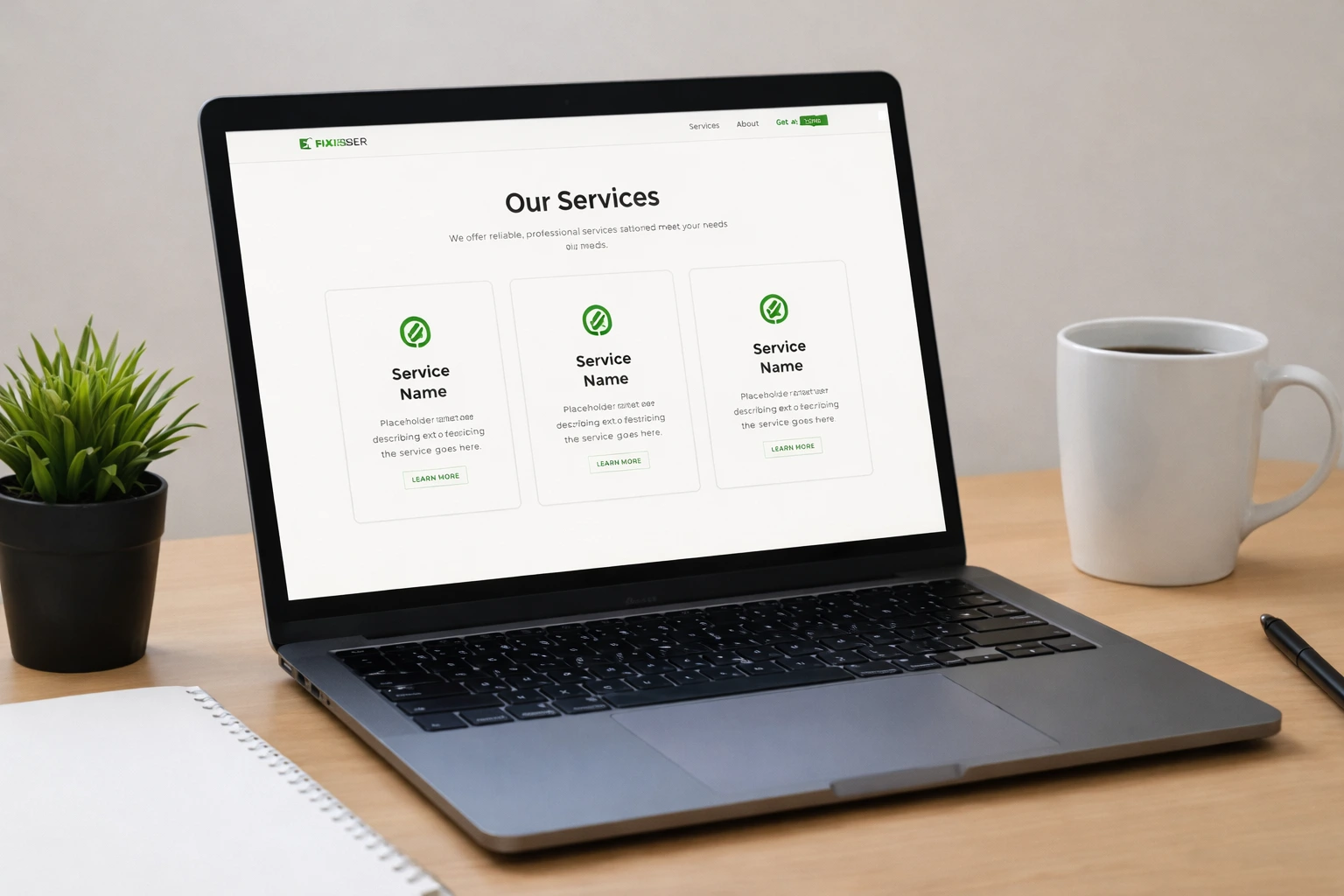 Laptop showing service page layout for a local business website.